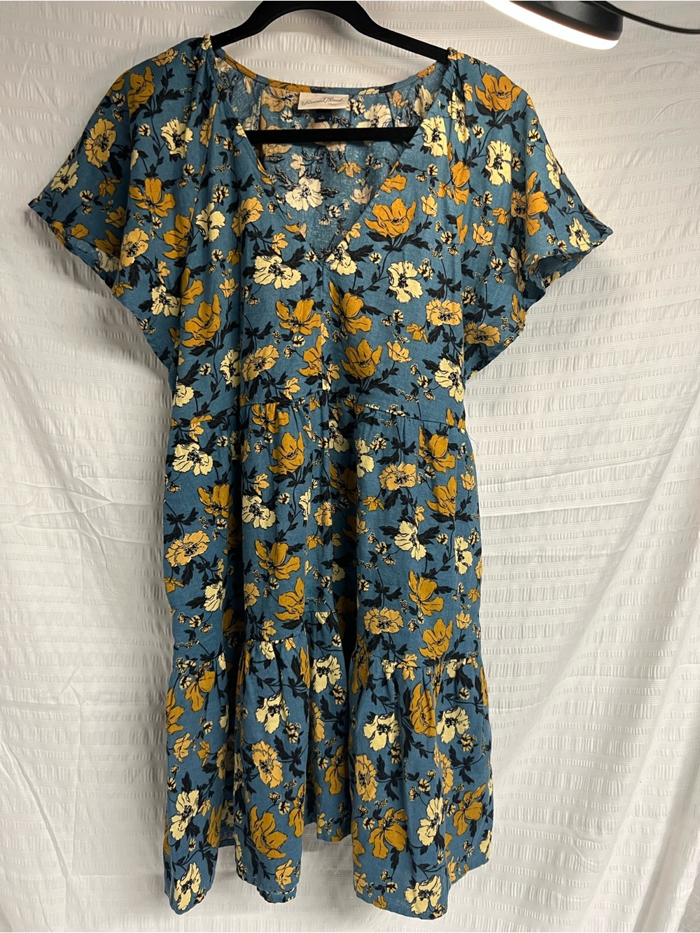 Universal Thread Teal Floral V-Neck Tiered Dress with Mustard and Cream Blooms